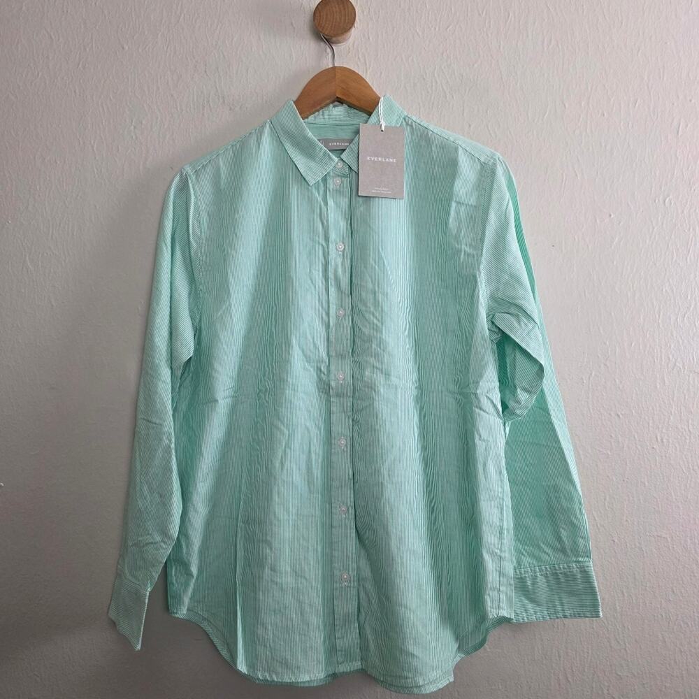 Everlane NWT Mint Green Striped Relaxed Poplin Button Down Shirt - Women’s 10 - Picture 1 of 10